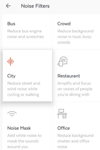 Der Screenshot zeigt verschiedene Lärmfilter der Here One-App - unter anderem "City". Der Screenshot zeigt verschiedene Lärmfilter der Here One-App - unter anderem "City".