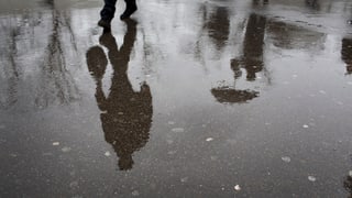 Fussgänger spiegeln sich im regennassen Asphalt.