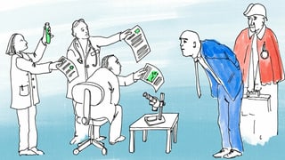 Illustration eines blau gekleideten Mannes, der sich interessiert die Ergebnisse von drei Wissenschaftlerinnen ansieht. Illustration eines blau gekleideten Mannes, der sich interessiert die Ergebnisse von drei Wissenschaftlerinnen ansieht.