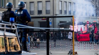 Polizei in Stellung, im Hintergrund ein Demonstrationszug Polizei in Stellung, im Hintergrund ein Demonstrationszug