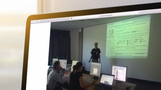 Ein Mann steht vor einer weissen Wand, auf der mit einem Projektor die Website von Wikipedia abgebildet ist. Ein Mann steht vor einer weissen Wand, auf der mit einem Projektor die Website von Wikipedia abgebildet ist.