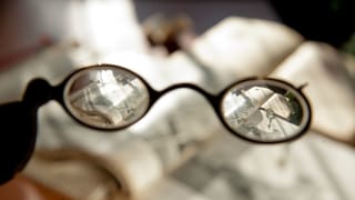 Symbolbild: Durch eine Brille auf Bücher blicken.