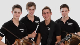 Die vier jungen Musikanten in schwarzen Polo-Shirts mit ihren Instrumenten auf einem Gruppenfoto.