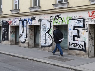 Ein Werk des Graffiti-Sprayers «Puber» aufgenommen am Freitag, 7. März 2014, in Wien.