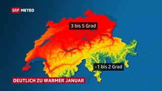 Die Schweizer Karte zeigt die Temperaturabweichungen in Farbe. Im Flachland und in den Alpentälern sticht der Wärmeüberschuss in roten Farbtönen ins Auge.