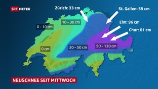 Karte der Schweiz mit der Neuschneeverteilung. Karte der Schweiz mit der Neuschneeverteilung.
