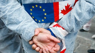 Eine Person verschränkt die Arme auf dem Rücken. Auf dem Rücken trägt die Person die kanadische Flagge und jene der EU.