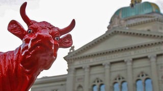 Ein künstliche rote Kuh vor dem Bundeshaus in Bern.