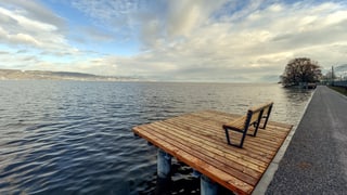 In den Zürichsee ragt eine Plattform mit einer Sitzbank darauf.