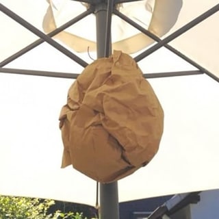 Brauner, zerknüllter Papiersack unter einem Sonnenschirm aufgehängt.