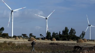Afrikanischer Bauer vor drei Windturbinen. 