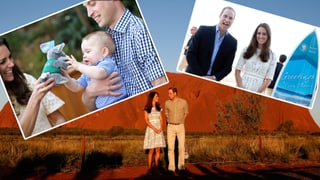 Bildcollage von drei Fotos von William, Kate und George in Australien.