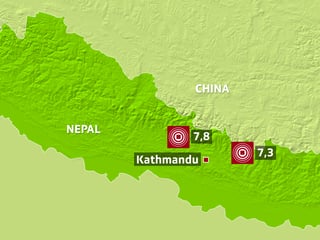 Karte Nepal mit zwei Epizentren.