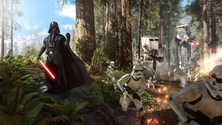 Darth Vader führt die Stormtrooper durch den Wald von Endor.