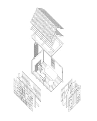 Architekturzeichnung eines sehr kleinen Häuschens. 