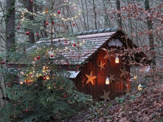 Geschmückte Hütte mit Geschmücktem Tannenbaum. 