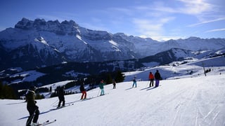 Skifahrer auf der Piste, bei herrlichem Wetter und Berpanorama