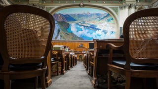 Ein Bild mit See und Wolken im Nationalratssaal, davor leere Stühle.
