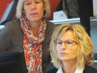 Zwei Frauen schauen in einen Computerbildschirm.