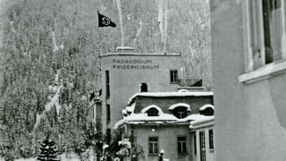 Auf einem Dach weht eine Hakenkreuz-Flagge, im Hintergrund verschneite Berge. Auf einem Dach weht eine Hakenkreuz-Flagge, im Hintergrund verschneite Berge.