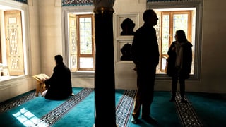 In einem kleinen Gebetsraum: Zwei Besucher sehen sich am Tag der offenen Türe die Berliner Sehitlik Moschee an, während ein Muslime darin betet. In einem kleinen Gebetsraum: Zwei Besucher sehen sich am Tag der offenen Türe die Berliner Sehitlik Moschee an, während ein Muslime darin betet.