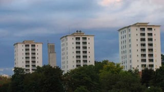 Drei Wohntürme stehen nebeneinander.