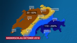 Schweizer Karte, die die Unterschiedliche Verteilung des Niederschlags im Oktober zeigt.