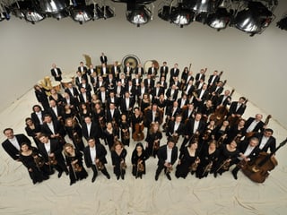 Viele Menschen - Musikerinnen und Musiker des Orchesters - stehen mit Instrumenten und Anzügen und Kleidern da und schauen in die Kamera.