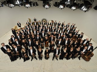 Viele Menschen - Musikerinnen und Musiker des Orchesters - stehen mit Instrumenten und Anzügen und Kleidern da und schauen in die Kamera. Viele Menschen - Musikerinnen und Musiker des Orchesters - stehen mit Instrumenten und Anzügen und Kleidern da und schauen in die Kamera.
