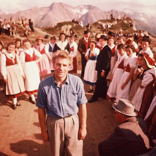 Hannes Schmidhauser steht in der Mitte gekleidet in ein kariertes Hemd. Um ihn herum stehen mehrere Frauen in Trachten. Im Hintergrund die Berge.