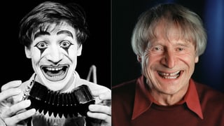 Zwei Porträt-Bilder von Clown Dimitri: Ein Schwarz-Weiss-Bild zeigt Dimitri mit Clown-Make-Up und Handorgel lachend. Die neuere Farbaufnahme nebenan zeigt Dimitri als älteren Mann mit grauen Haaren und lachend.