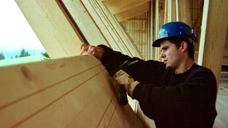 Ein Schreinerlehrling hämmert an einem Holzbrett, er trägt einen Handschuh, einen blauen Helm und einen schwarzen Pullover. Ein Schreinerlehrling hämmert an einem Holzbrett, er trägt einen Handschuh, einen blauen Helm und einen schwarzen Pullover.