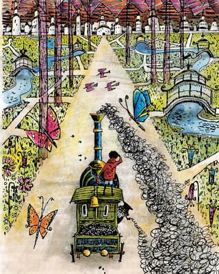 Illustration einer Lokomotive, die auf eine Stadt zurollt. Illustration einer Lokomotive, die auf eine Stadt zurollt.