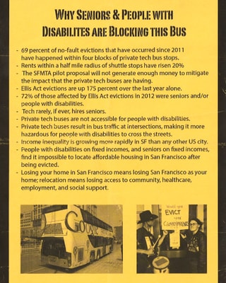 Gelbes Flugblatt, auf dem die Gründe der Bus-Blockierung aufgeführt sind.