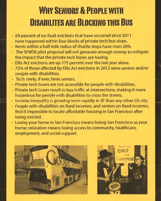 Gelbes Flugblatt, auf dem die Gründe der Bus-Blockierung aufgeführt sind. Gelbes Flugblatt, auf dem die Gründe der Bus-Blockierung aufgeführt sind.