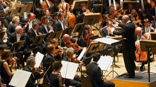 Orchestermusiker mit ihren Instrumenten auf der Bühne, geleitet von einem seitwärts sichtbaren Dirigenten.