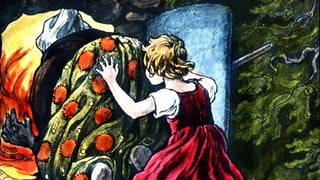 Illustration: Ein Mädchen stösst eine Hexe in den Ofen.