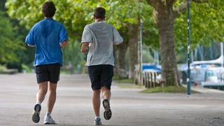 Zwei Männer mit verschwitzten T-Shirts rennen entlang einem See.