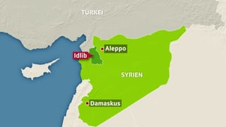 Karte mit Syrien und der angrenzenden Türkei. Idlib ist eingezeichnet.