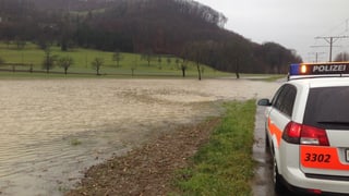 Eine überschwemmte Wiese, rechts ein Polizeiauto