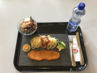 Paniertes Pouletschnitzel, Spaghetti mit Tomatensauce, Zucchetti mit rosa Pfeffer, Menüsalat mit Lollo an Orangen-Lebkuchen-Dressing