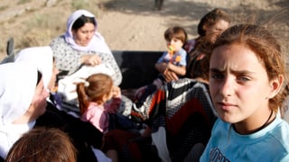 Flüchtlingsmädchen auf einem Traktor. Dahinter Frauen und Kinder. Flüchtlingsmädchen auf einem Traktor. Dahinter Frauen und Kinder.