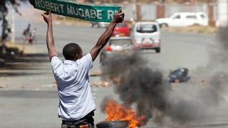 Ein Demonstrant hält in Harare ein heruntergerissenes Strassenschild mit der Aufschrift "Robert Mugabe Road" in die Höhe. 