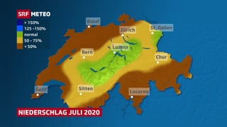 Karte der Schweiz mit der Niederschlagsverteilung im Juli 2020.