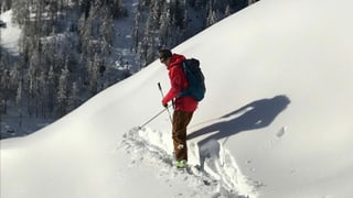 Der Lawinenbeobachter erklimmt den Berg mit Tourenski. Der Lawinenbeobachter erklimmt den Berg mit Tourenski.
