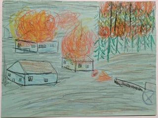 eine Kinderzeichnung eines brennenden Hauses