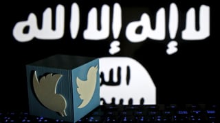 IS-Logo und Twitter-Symbol vor Laptop.