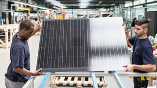 Zwei Männer verpacken ein Solarpanel.