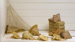 Ein paar Steine und Wachs vor einer weissen Holzwand.