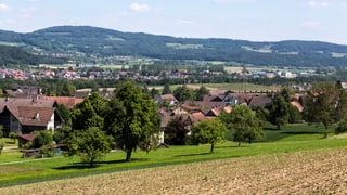 Eine ländliche Landschaft mit einem kleinen Dorf. 